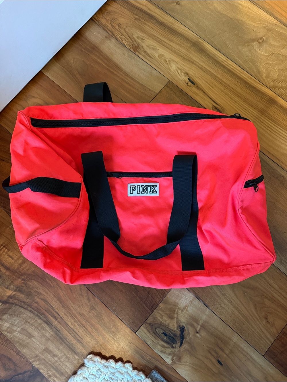 PINK Neon Coral Weekend Duffel with Black Straps